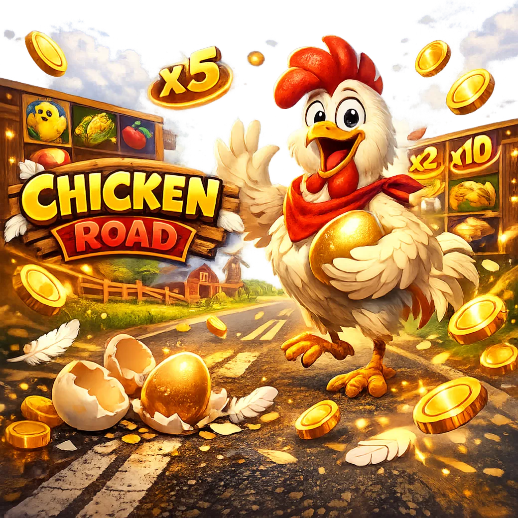 Dynamic Chicken Road slot promo with a funny chicken, road lanes, and coins